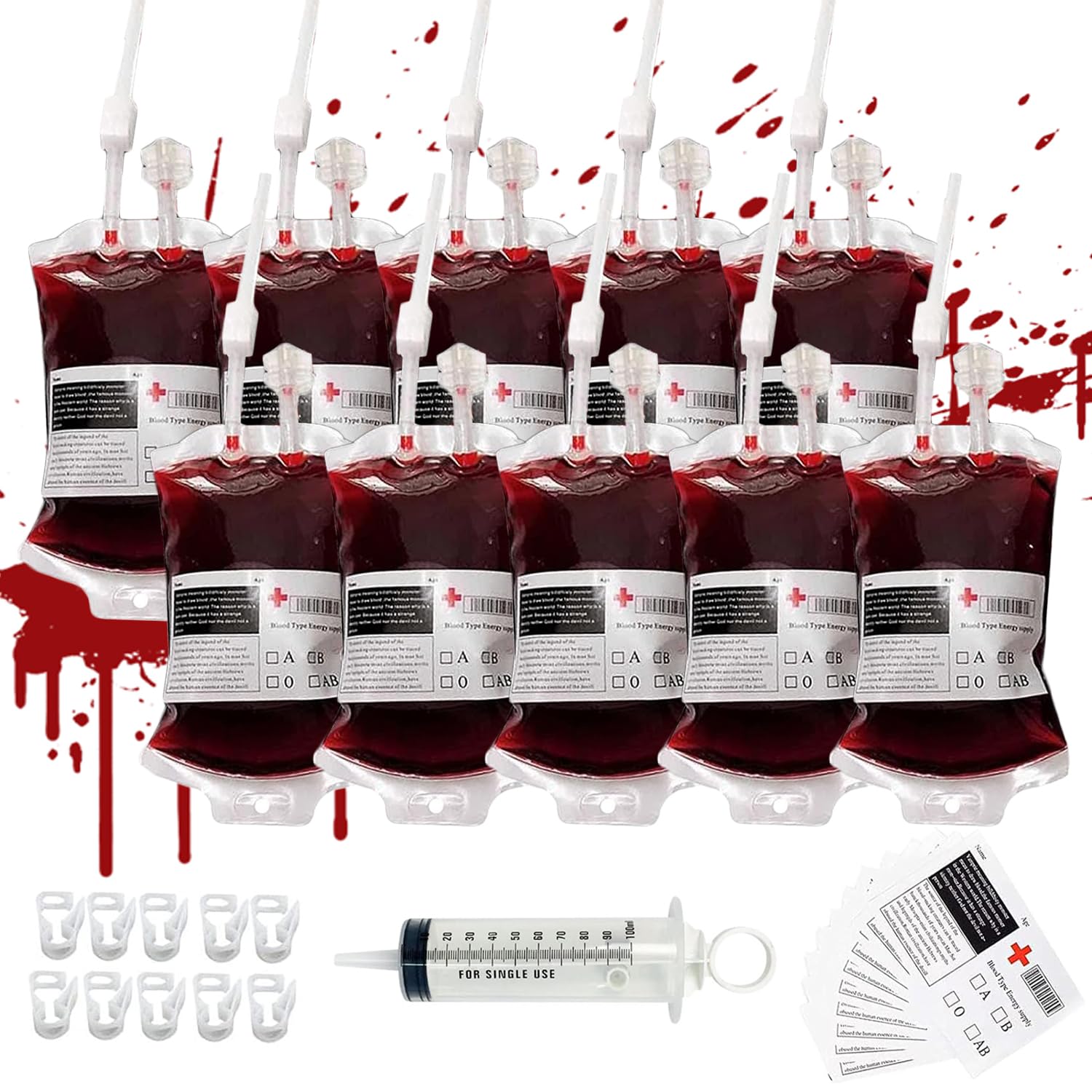 10pcs Blood Bags for Drinks 350ml Reusable IV Blood Bag Halloween Drink Pouches With Clip Blood Group Sticker And Drinks Syringe Beverage Juice Bag for Halloween Nurse Cosplay Party Props Party Favors