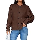 Saodimallsu Womens Button Up Cardigans Fall Crew Neck Fuzzy Knit Long Sleeve Cropped Sweater Jacket with Pockets