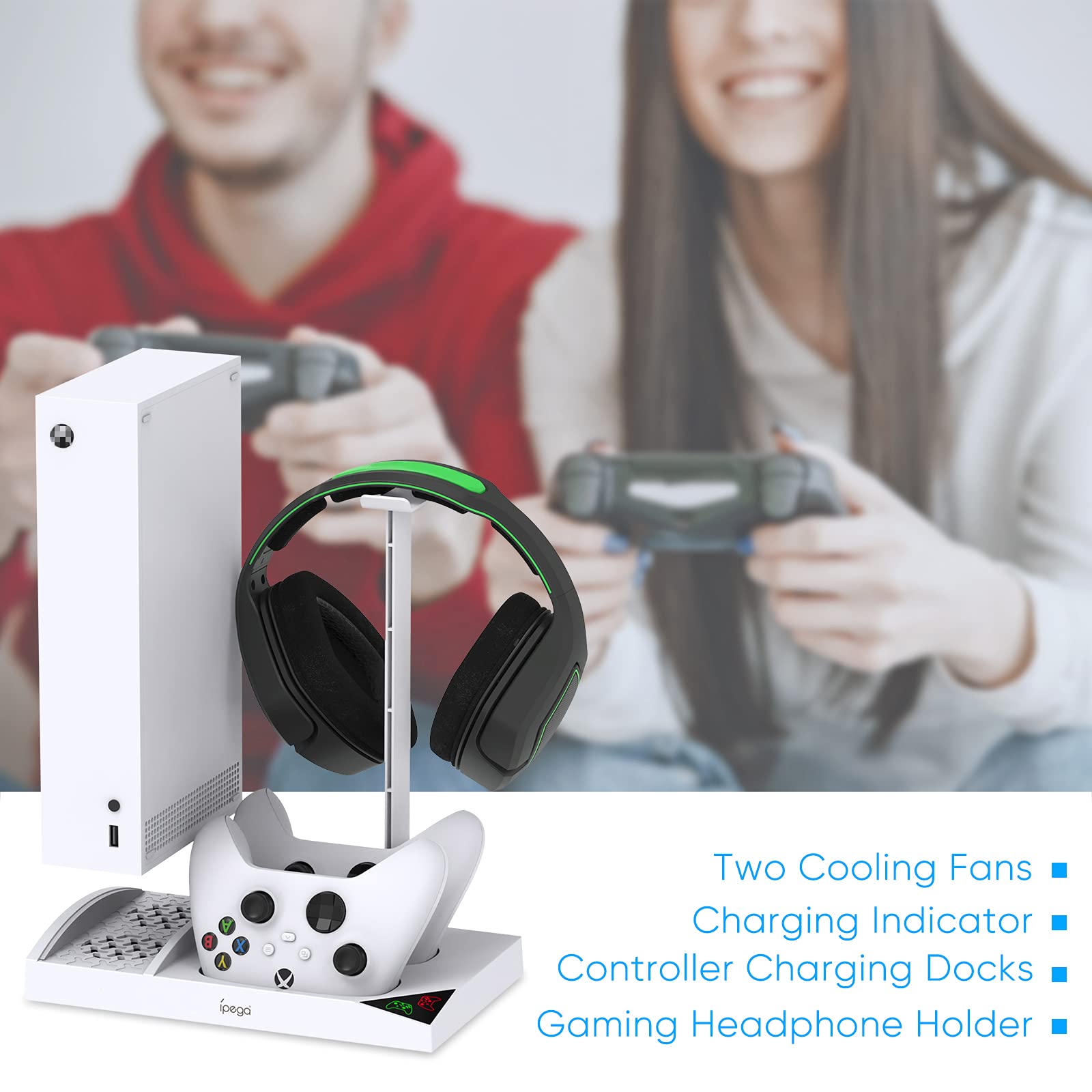 Charging Stand for Xbox Series S Console,Powerful Cooling Fan Dual Wireless Controller Charger Station Dock with 2 x 1400mAh Rechargeable Batteries Packs,Headset Holder for Xbox Series S,White