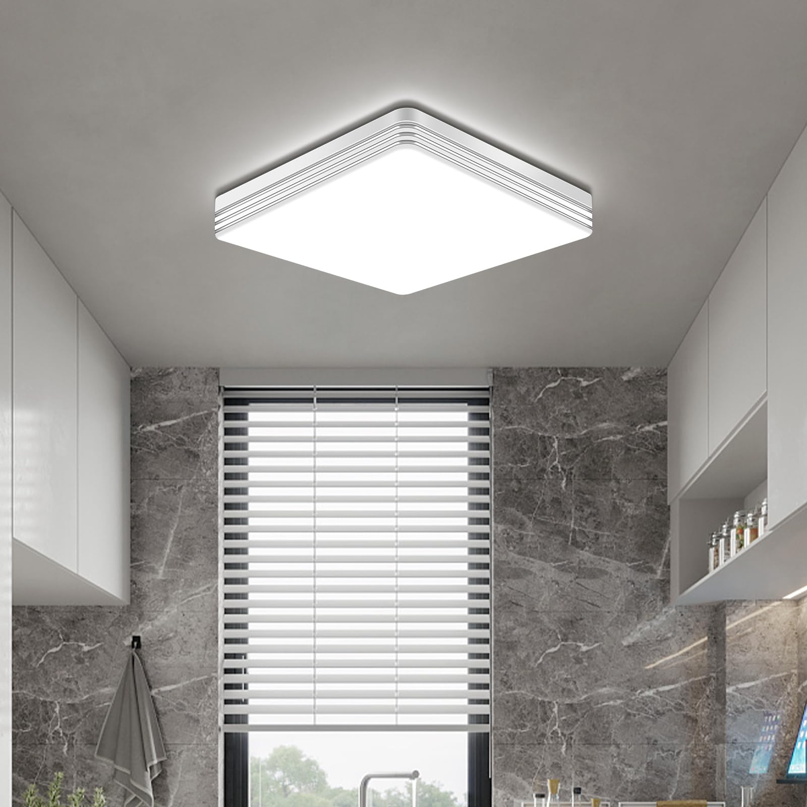 VIPMOON 24W 2160Lm Square LED Kitchen Ceiling Lights, Silver-Rimmed Modern Flush Mount Ceiling Light for Bathroom, Stair, Kitchen, Balcony, Hallway, Porch, Bedroom, Small Living Room