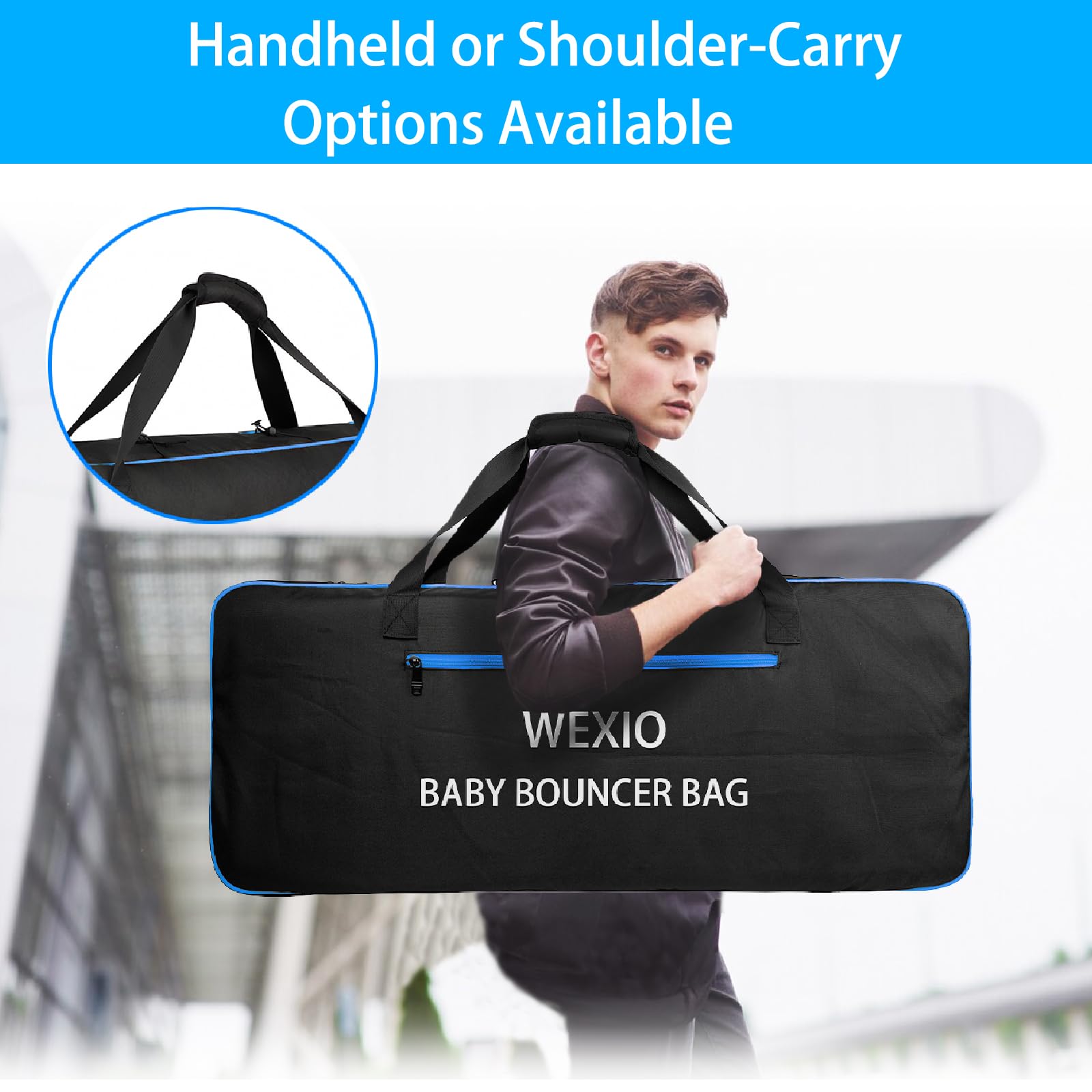 Padded Baby Bouncer Transport Bag, Waterproof Infant Bouncy Seat Travel Bag, Double Zipped Newborn Bouncer Cover with Shoulder Pad，15.7 x 4.7 x 35.4 Inches
