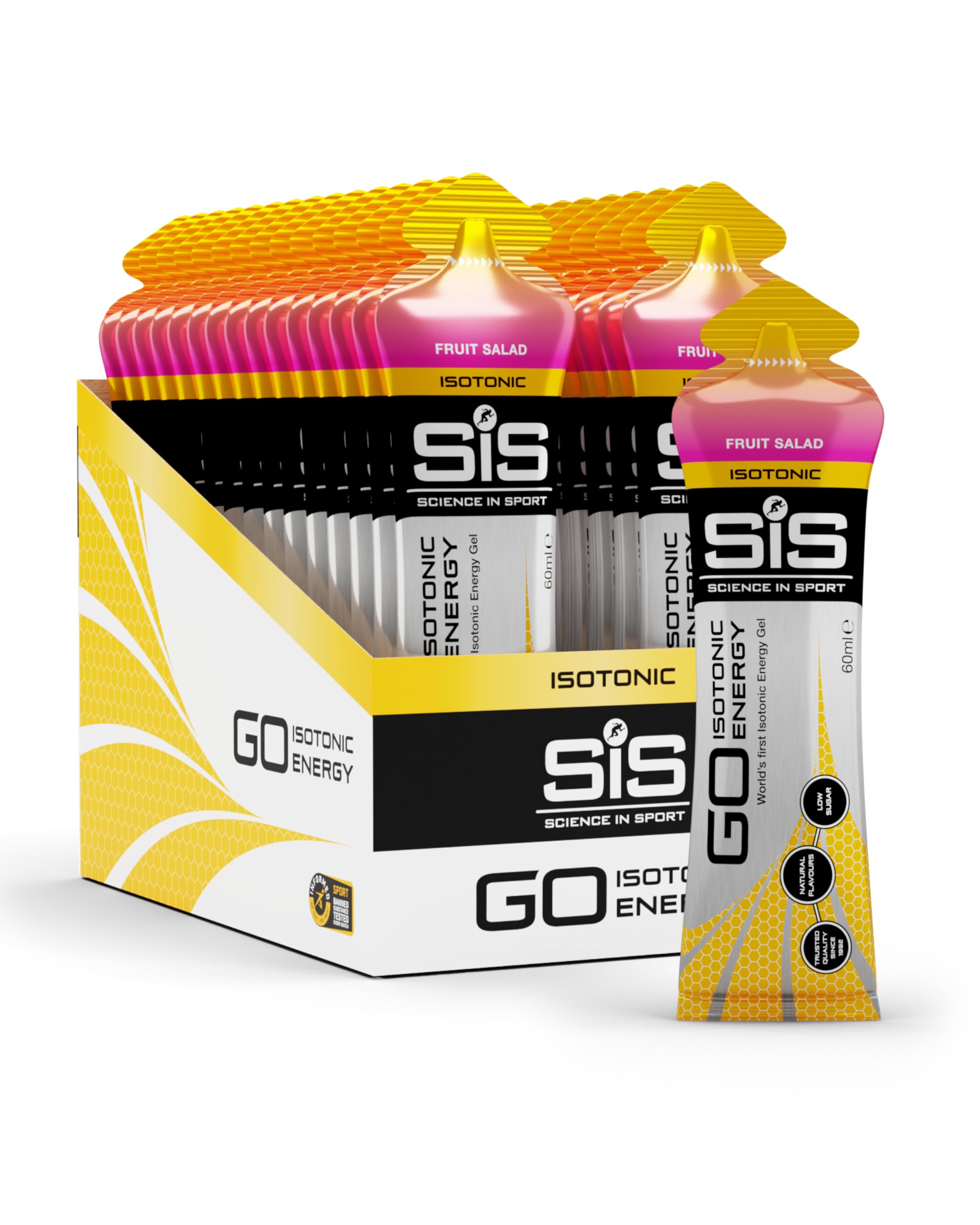 Science in Sport GO Isotonic Energy Gels, Running Gels with 22 g Carbohydrates, Low Sugar, Fruit Salad Flavour, 60 ml Per Serving (30 Pack)