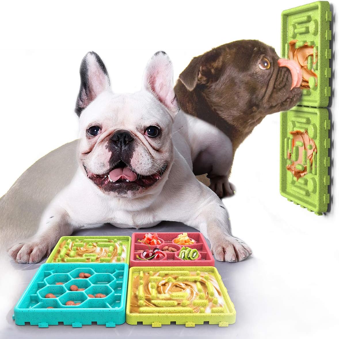 GEEPET Dog Lick Pad Set Slow Feeder Mat and Slow Dispensing Treater Mat Suctions to Wall for Pet Bathing, Grooming 4PCS