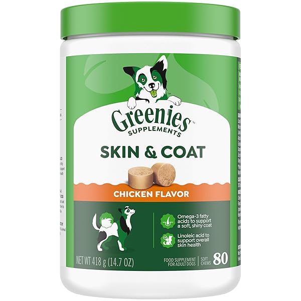 GREENIES SUPPLEMENTS DOG SKIN AND COAT SUPPLEMENTS WITH OMEGA 3 FATTY ACIDS & FISH OIL FOR DOGS, CHICKEN FLAVOR, 14.7 OZ, 80 COUNT