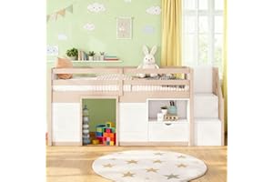Lyngins Twin Size Toddler Loft Bed with Stairs Storage Kids Bed Frame with Storage Shelf, Drawer and Playroom for Girls, Boys, Low Loft Bed with Strong Wood Slats Support, White Cream