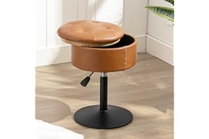 LUE BONA 360°Swivel Vanity Stool Chair for Makeup Room, Height Adjustable Stool for Vanity with Storage, Small Whiskey Brown Faux Leather for Bathroom, Living Room