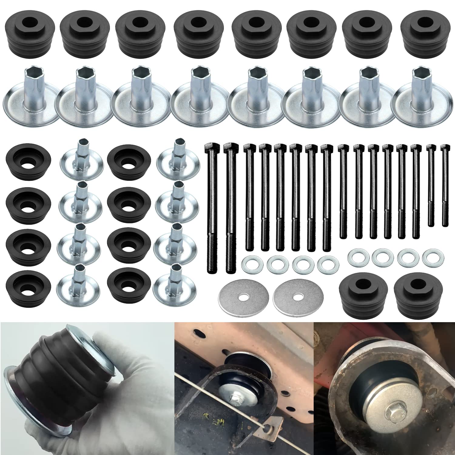 Photo 1 of KF04060BK Body Mount Bushing Kit Fits for 2008-2016 Ford F250 F350 Super Duty 2WD 4WD Polyurethane Body Cab Mounts & Steel Sleeves & Hardware Black (60PCS)