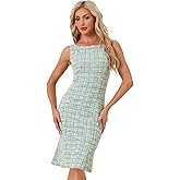 Allegra K Tweed Dress for Women's Summer Sleeveless Elegant Plaid Bodycon Dresses