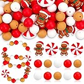 FYSUIMU Christmas Silicone Beads Gingerbread Man Peppermint Candy Round Rubber Loose Beads Christmas Red White Bead for Bracelet Necklace Jewelry Garland Party DIY Crafts Making, 70 Pcs