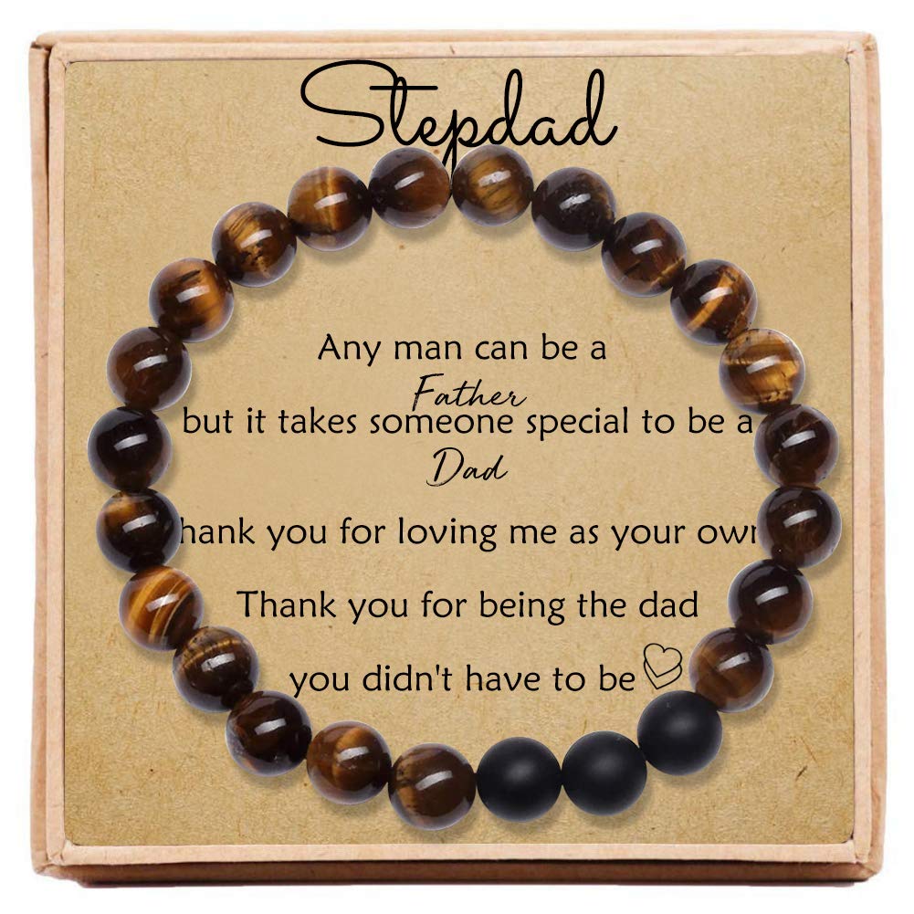 Best Stepdad Gifts 8mm Natural Tiger Eye Stone Beads Bracelet Elastic Adjustable Yoga Bracelet Bangle with Message Card & Gift Box - Gifts for Stepdad from Daughter Birthday Gifts