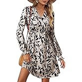 Dokotoo Fall Dresses for Women 2025 Casual V Neck Lantern Long Sleeve Floral Shirred High Waist A-Line Boho Dress