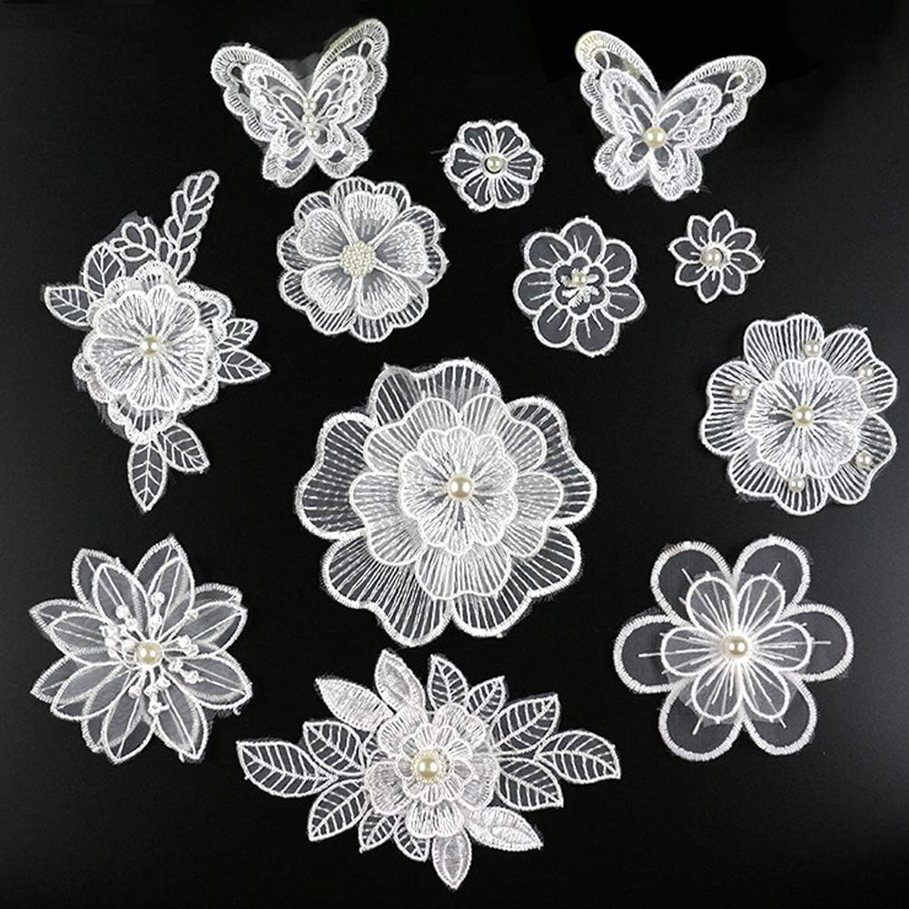 White 3D Floral Embroidery Applique Beaded Pearl Tulle DIY Wedding Dress Sewing Clothing Applique Lace Costumes Decoration Patch 1Set/12Pieces