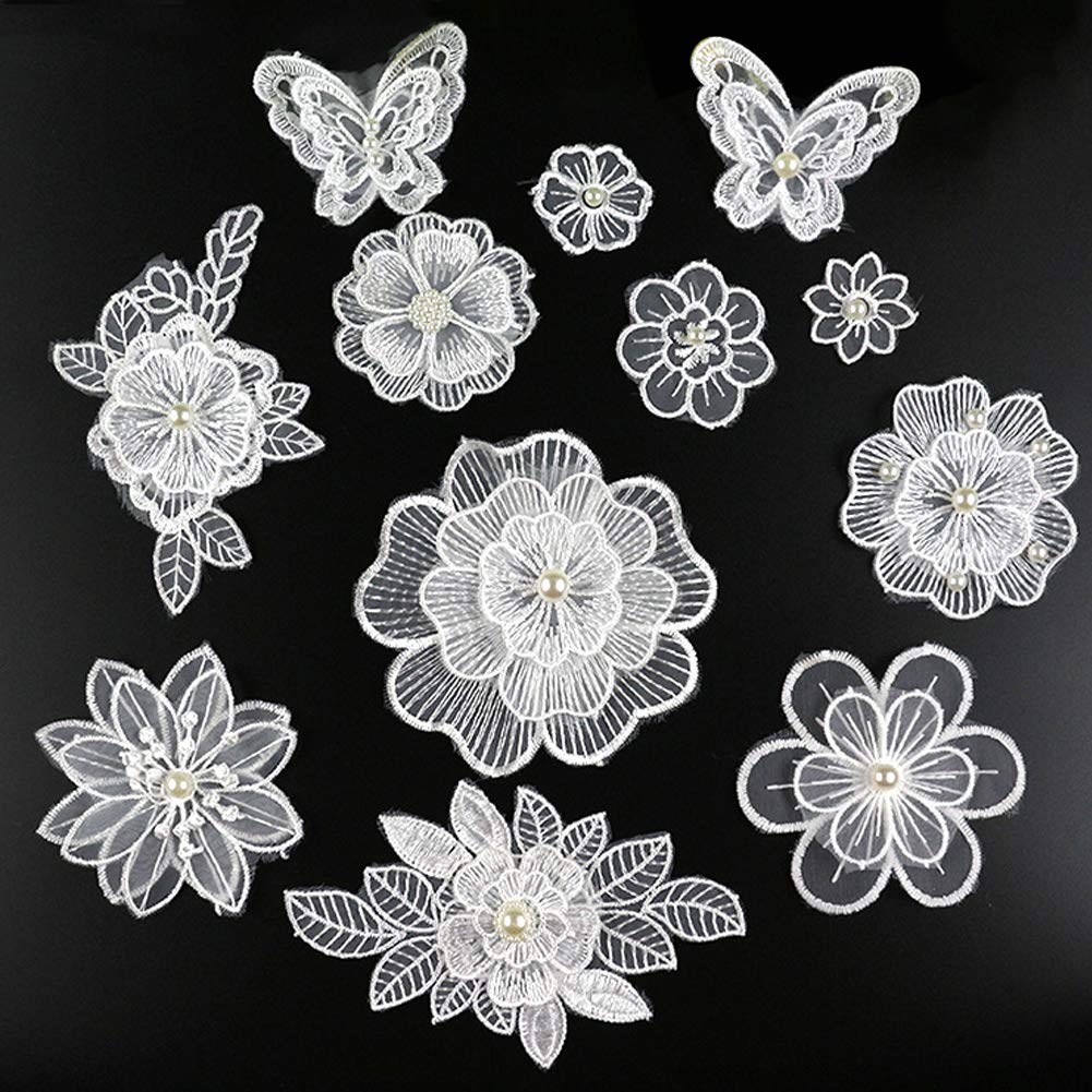 XUNHUI White 3D Floral Embroidery Applique Beaded Pearl Tulle DIY Wedding Dress Sewing Clothing Applique Lace Costumes Decoration Patch 1Set/12Pieces