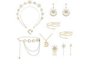 Bolinteri 11Pcs Greek Goddess Costume Accessories Set for Women Celestial Jewelry Moon Stars Halo Crown Golden Laurel Leaf Crown Headband Leaf Armband Pearl Leaf Dangle Earring CZ Necklace Ring Waist Belt Wedding Toga Cosplay Party Jewelry