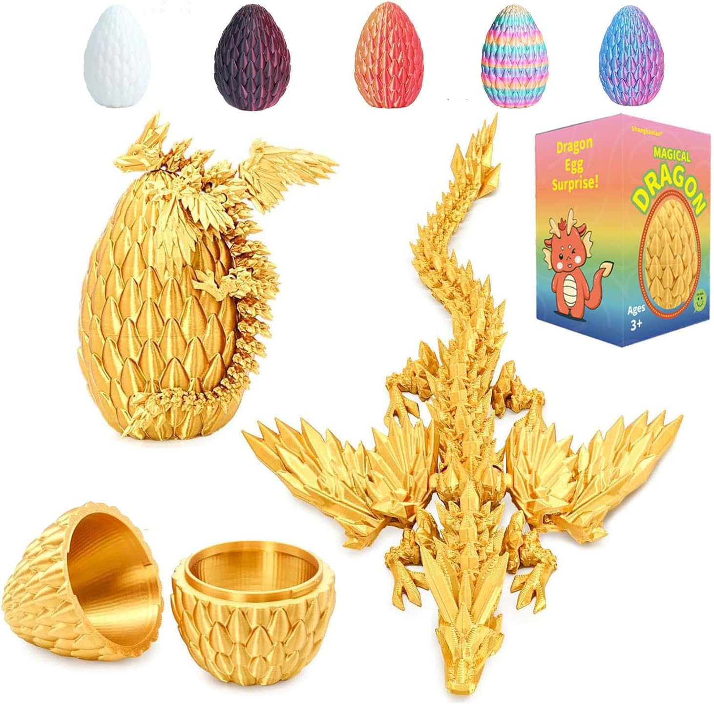 Shangkanlan 3D Printed Dragon in Egg - Fully Articulated Crystal Figurine for Christmas Easter Birthdays, Executive Desk Decor (Golden)