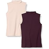 Amazon Essentials Women's Mock-Neck Slim-Fit Rib-Knit Sleeveless Top, Pack of 2