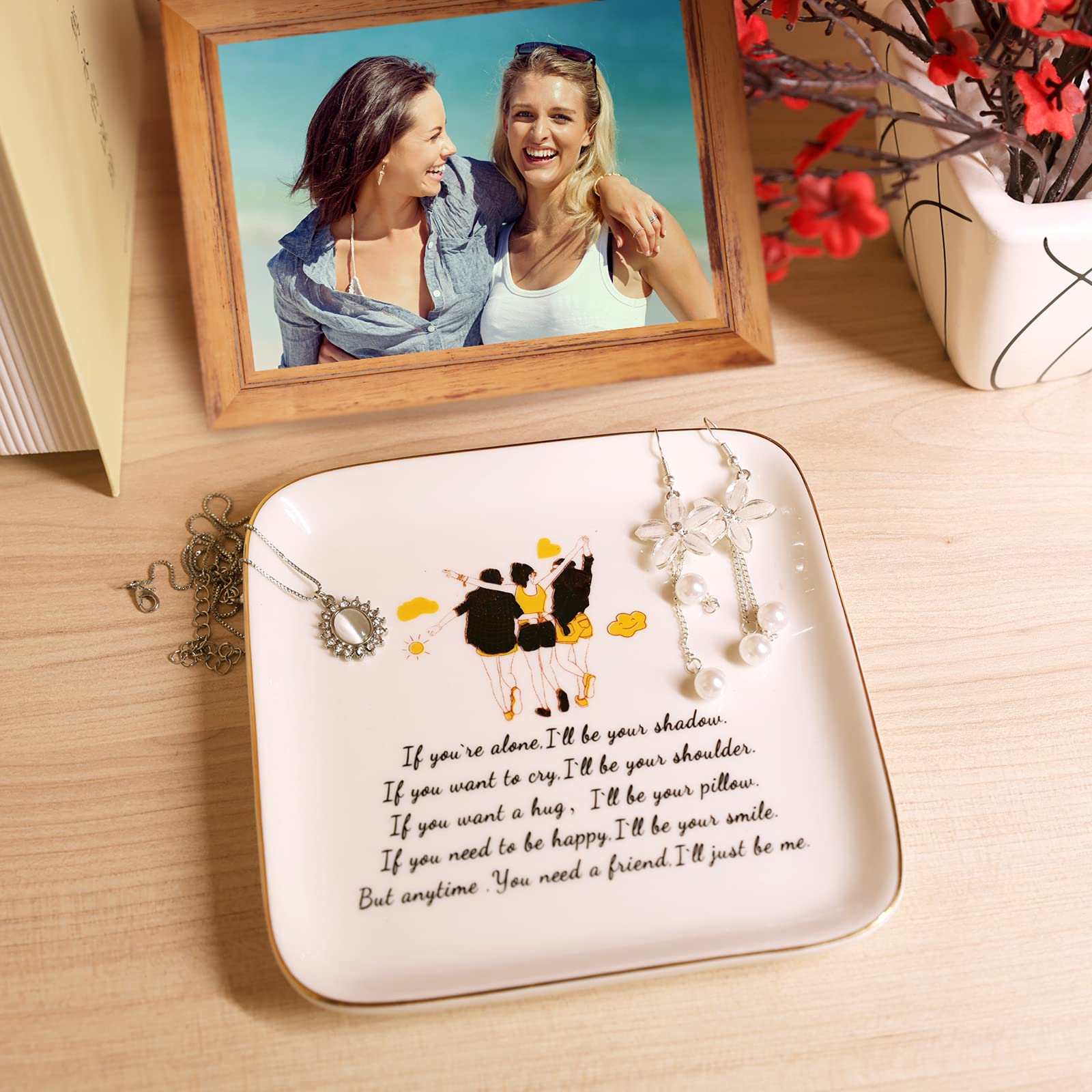 PUDDING CABIN 3 Best Friend Birthday Gift for Women, Ring Dish - If You're Alone, I'll be Your Shadow. If You Want to Cry, I'll be Your Shoulder... Trinket Dish Gift for Female Friends Bestie Gifts