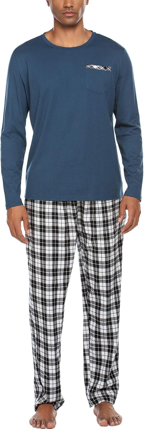 Ekouaer Pajama Set Men's Long Sleeve Sleepwear with Plaid Pants Comfy Pjs Set with Pockets Loose Lounge Set: Clothing
