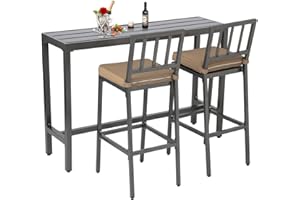 ONLYCTR Outdoor Bar Chairs and Table, Metal Outdoor Bar Set, 3 Piece Patio Bar Table Set with Bar Stools & Cushions for Backyard, Porch, Bistro, Balcony (Gray, 55" Table, 2 Vertical Back stools)
