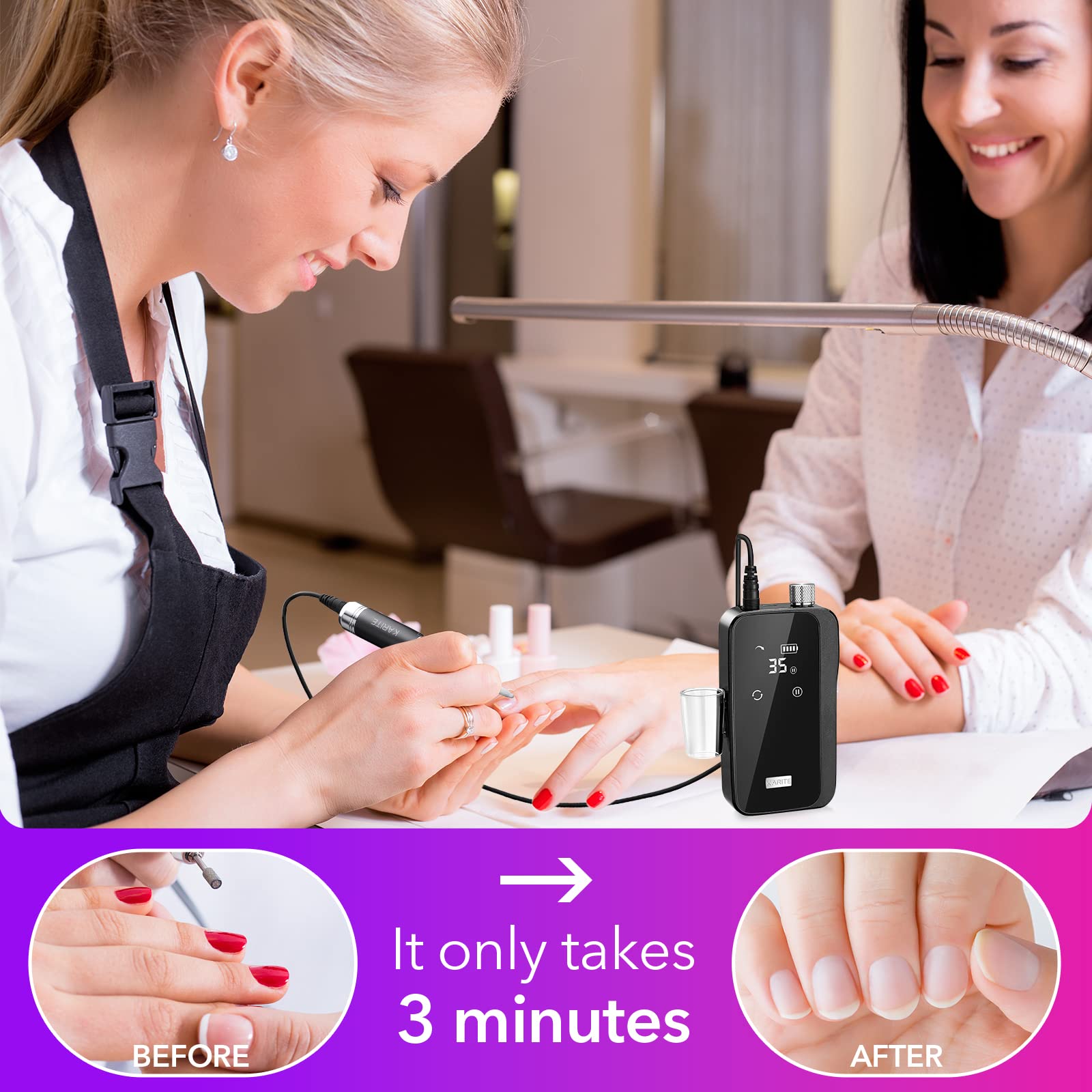KARITE Nail Drill for Acrylic Nails Professional, 35000RPM Portable Nail File, Electric Nail Drill Machine 24H Working Time, Coreless Motor and 12 Bits, for Nail Art Manicure Pedicure, Low Noise - Image 6