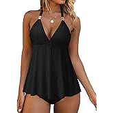 RXRXCOCO Women Halter Tankini Swimsuits Tummy Control Swimsuit Flowy V Neck Bathing Suits