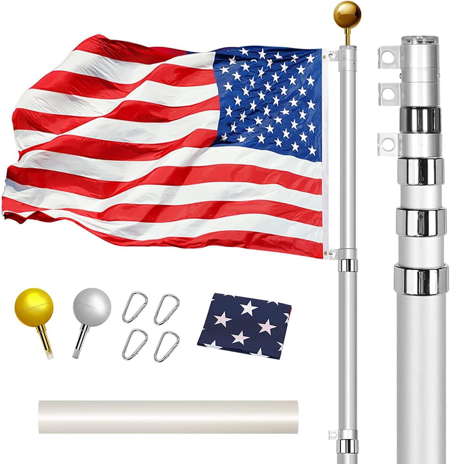 Flagpole Hardware - glamcamp 20FT Telescoping Flag Pole Kit, Heavy Duty 16 Gauge Aluminum Outdoor In Ground Flag Poles with 3x5 USA Flag, for Residential or Commercial,Garden,Yard Flag Poles