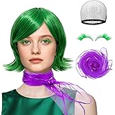 AKTEAM Women Green Costume Disgust Wig, St. Patrick's Day Costumes Scarf and False Eyelashes, Short Wavy Green Cosplay Wigs for Adults Halloween Costume Anime Cosplay