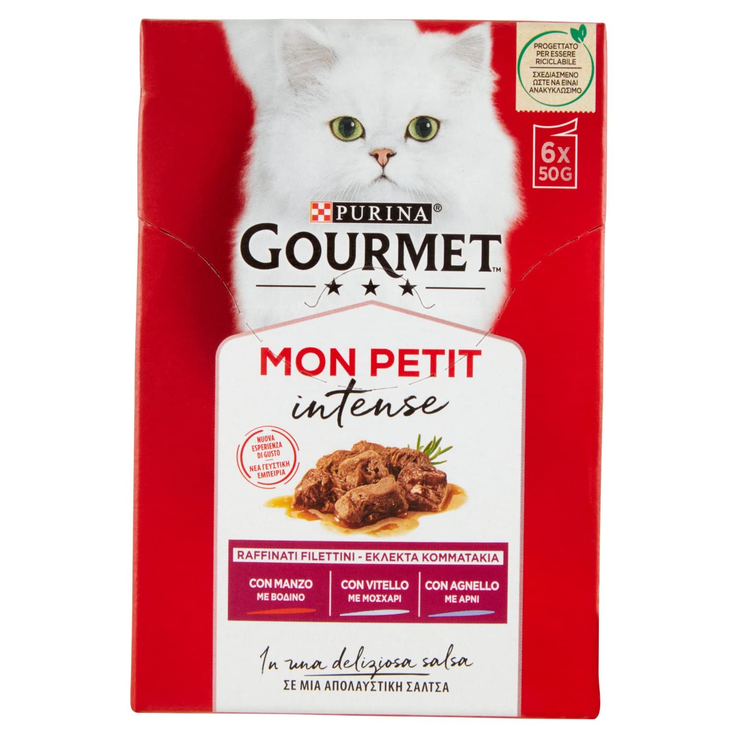 GOURMET Mon Petit Wet Food for Adult Cats with Beef, Veal and Lamb, 6 Bags of 50 g