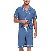 EA'S SECRET Men's 100% Cotton Pajamas Set Short Sleeve Button Down Notched Collar Sleepwear Lounge Pjs Set With Pockets