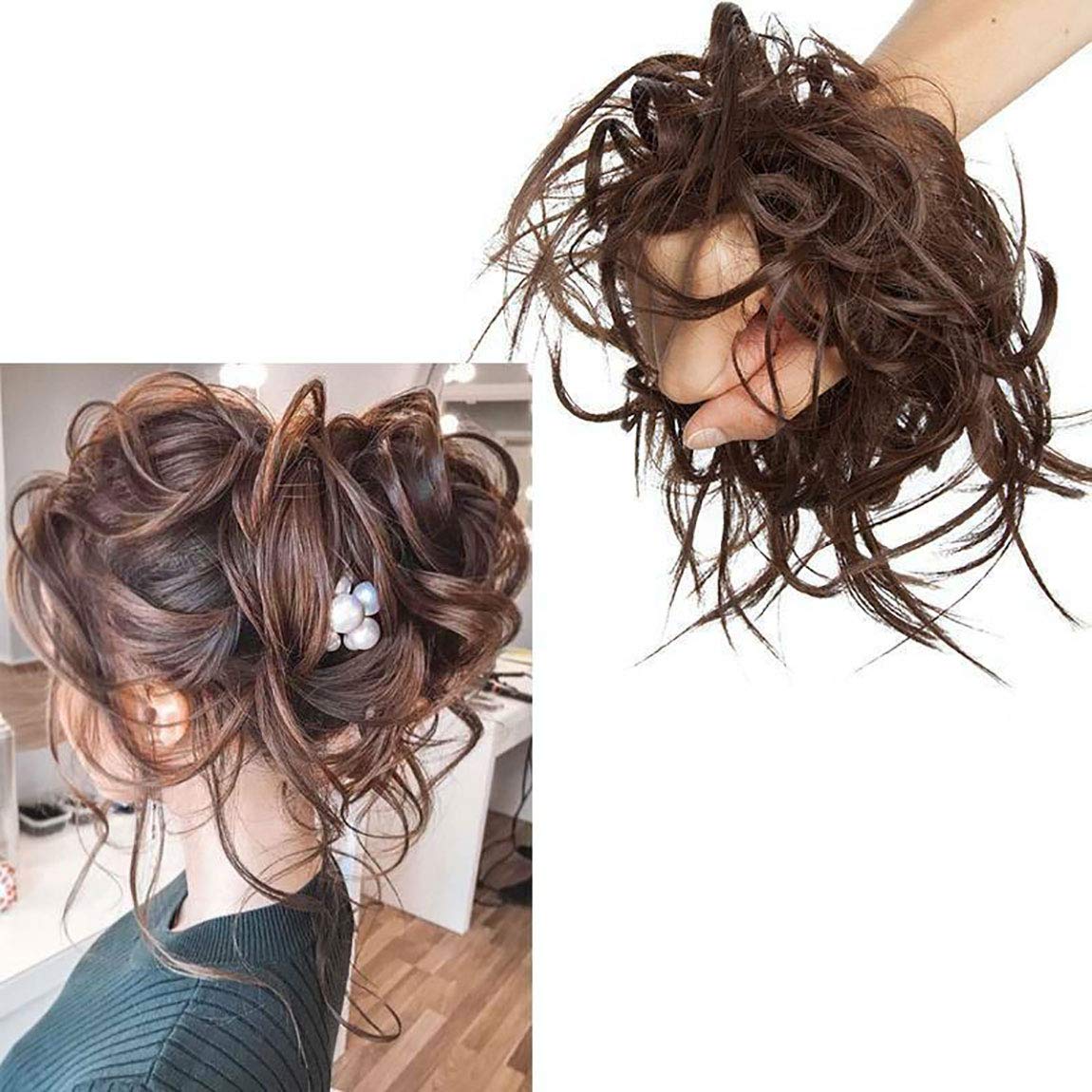 Tousled Updo Messy Bun Hair Piece Scrunchies Wavy Bun Extensions Rubber Band Elastic Scrunchie Chignon Instant Ponytail Hairpiece for Women Medium Brown