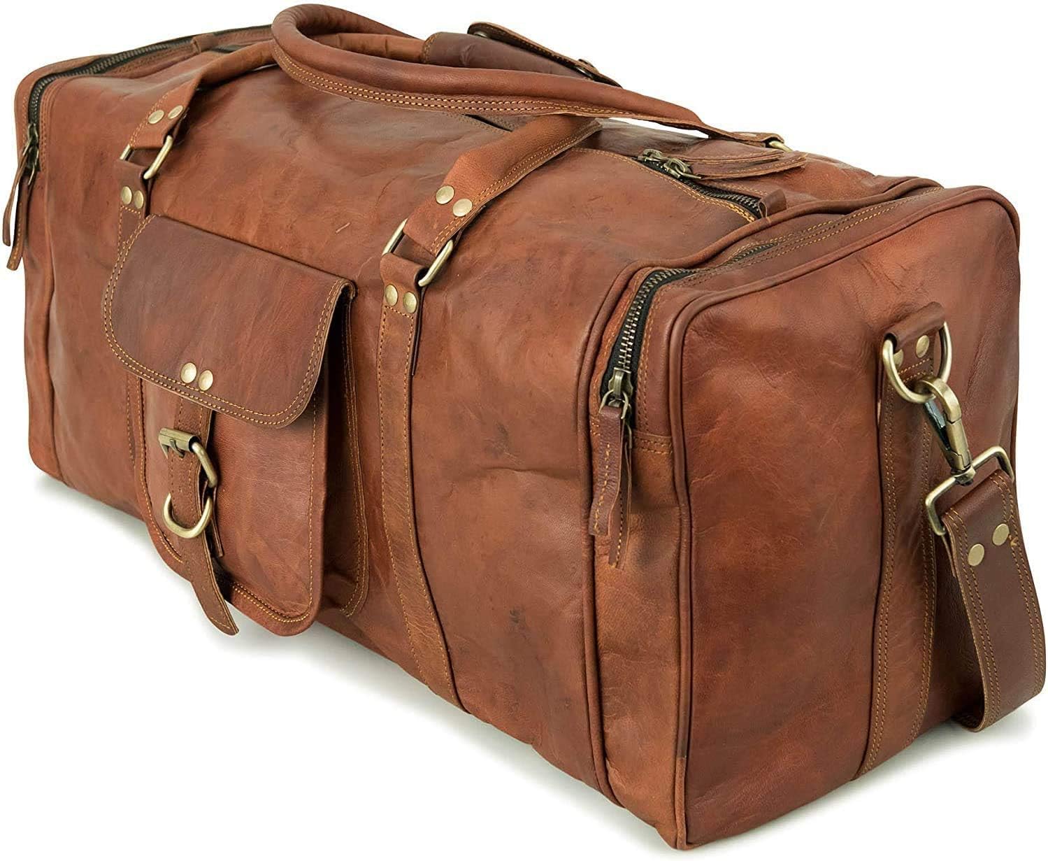 ALASKA EXPORTS Duffel Bag Genuine Leather Carry On Luggage Travel Holdall, Brown - Style 5, 28" Inches