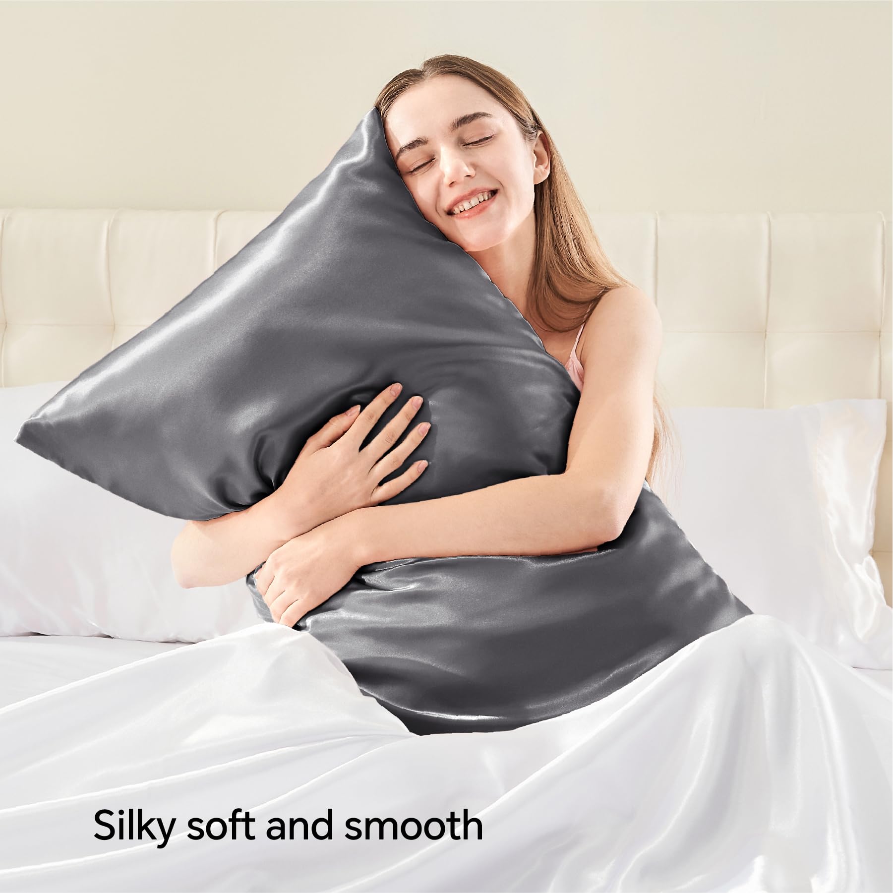 BEDELITE Satin Pillowcase with Zipper 2 Pack, Dark Grey Pillow Cases Standard Size, Super Soft and Cooling Similar to Silk Pillow Cases, Gift for Women Men(20x26 Inches) - Image 2
