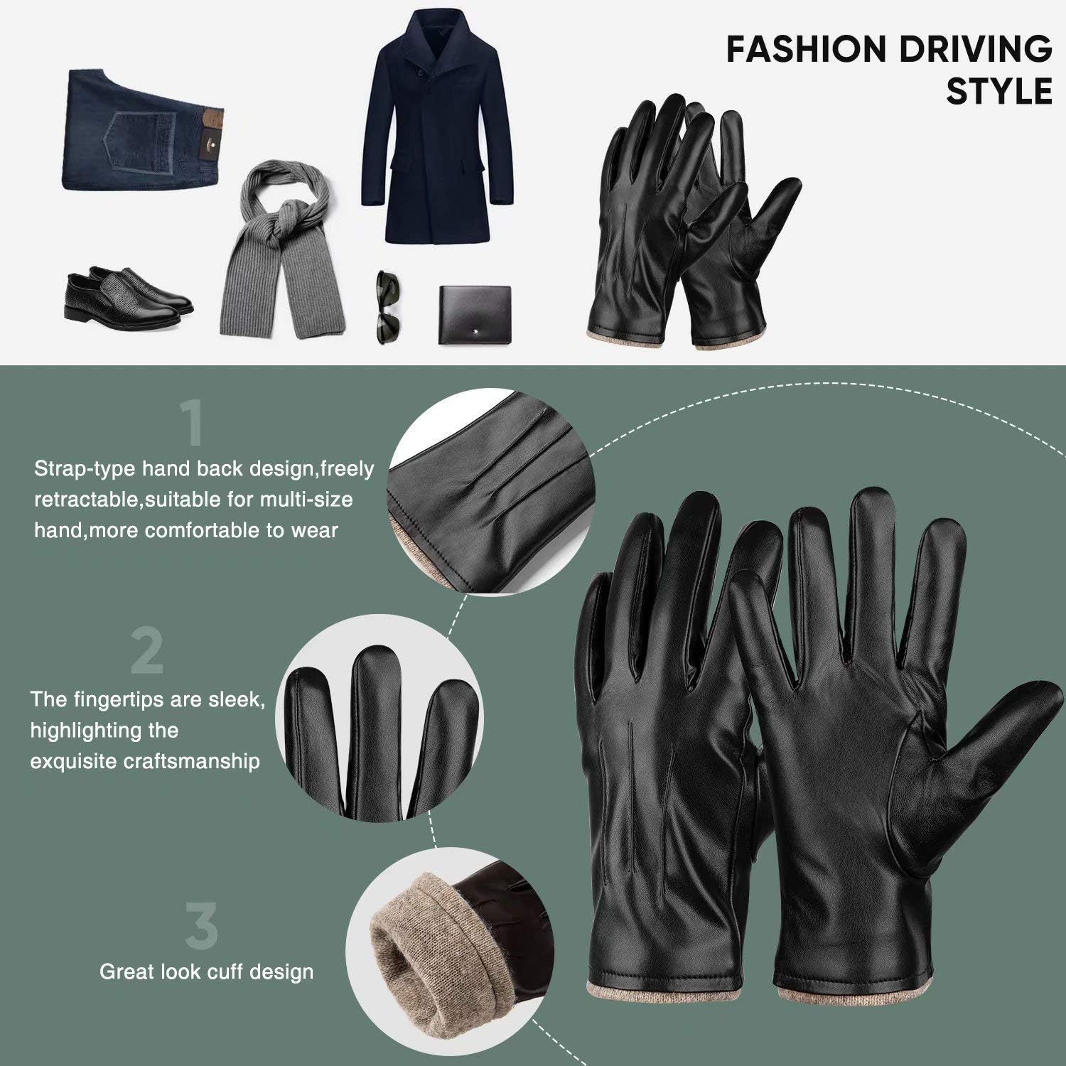 Winter PU Leather Gloves For Men, Warm Thermal Touchscreen Texting Typing Dress Driving Motorcycle Gloves With Wool Lining at  Men’s Clothing store