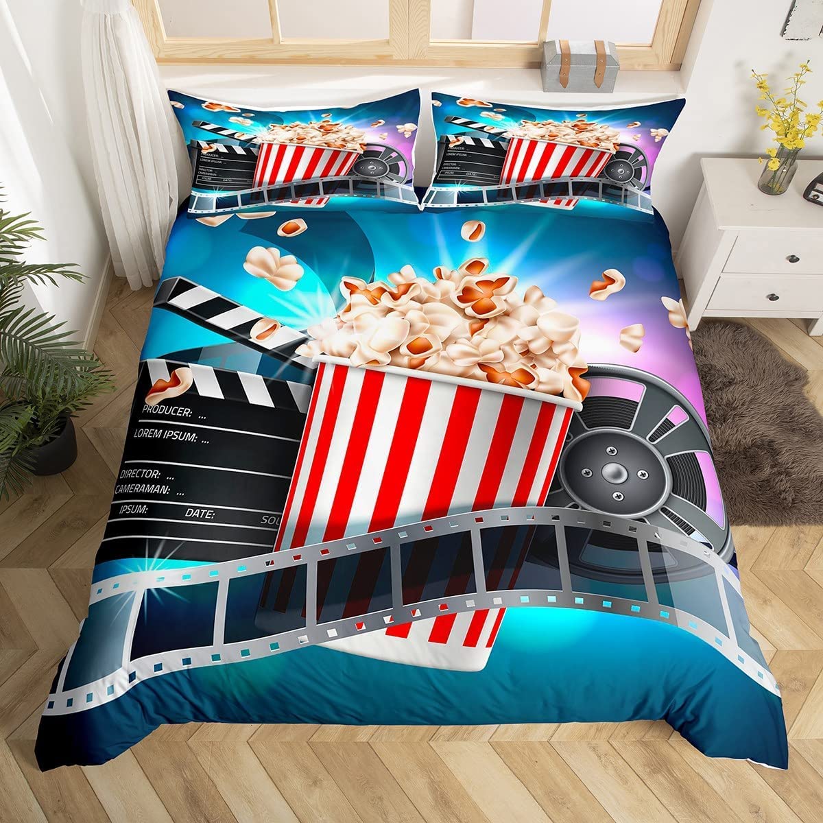 richhome Movie Time Duvet Cover 3 pieces Cartoon Popcorn Casual Snacks Comforter Cover for Kids Boys Girls Chic Cinema Filmstrip Blue Ultra Soft Bedspread Bedroom Decor Quilt Cover Double Size — image 1