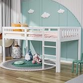 JOYMOR Twin Low Loft Bed for Kids, Solid Pine Wood Low Profile Loft Bed with 28.8" Under-Bed Play &amp; Storage Space, Guardrails &amp; Reversible Ladder, for Small Rooms &amp; Low Ceilings