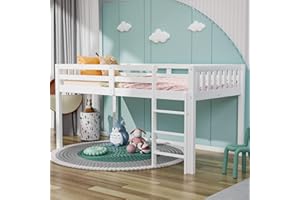 JOYMOR Twin Loft Bed Low Loft Bed Frame for Little Kids Small Room/Low Ceiling Bedrrom with Guardrail and Ladder, White
