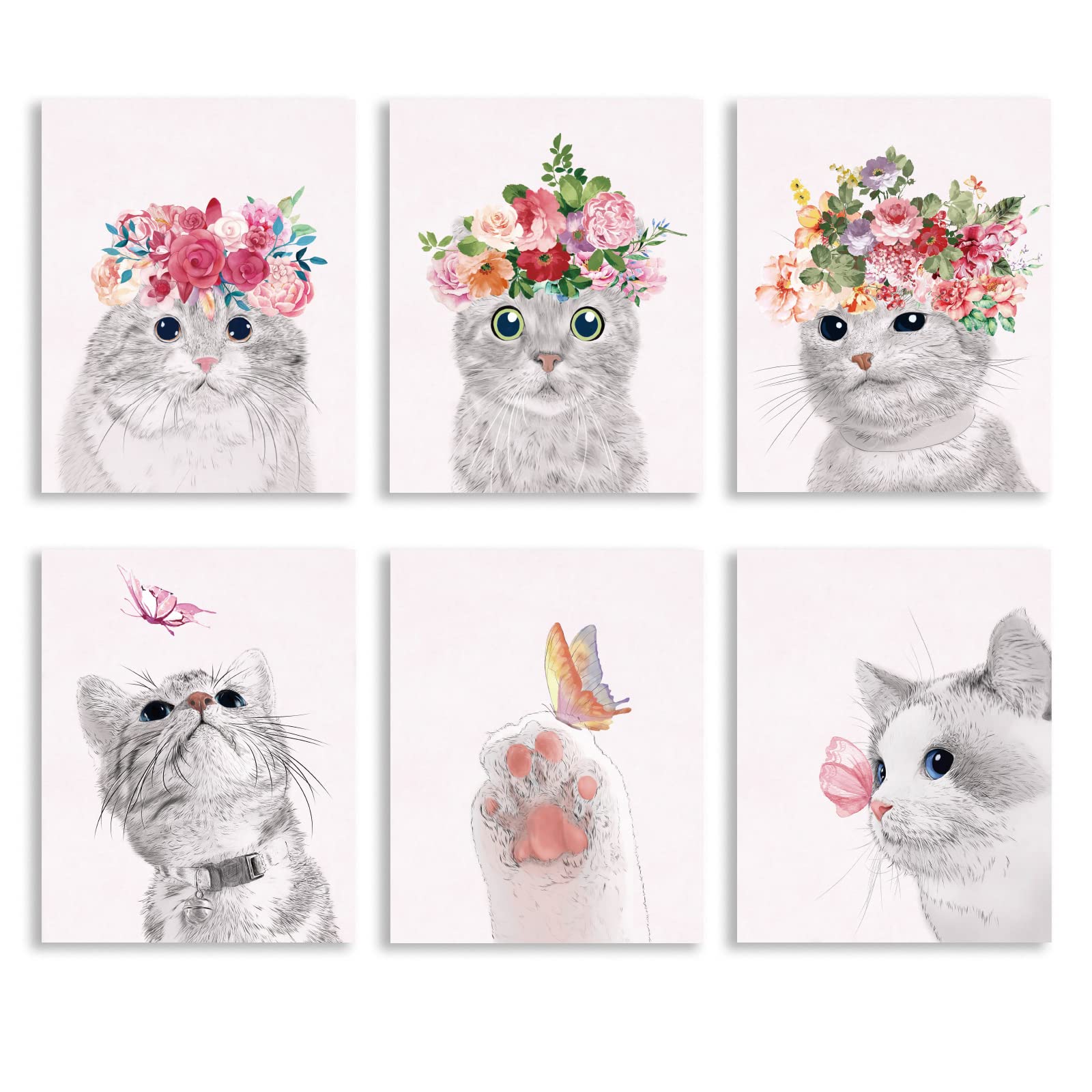 SUPERDANT 6 Pieces Cat Butterfly Unframed Canvas Wall Art Butterfly Bathroom Photo Decor Posters Bearing Flower Butterflies Strip Cute Animals Canvas Print Artwork Wall Decor