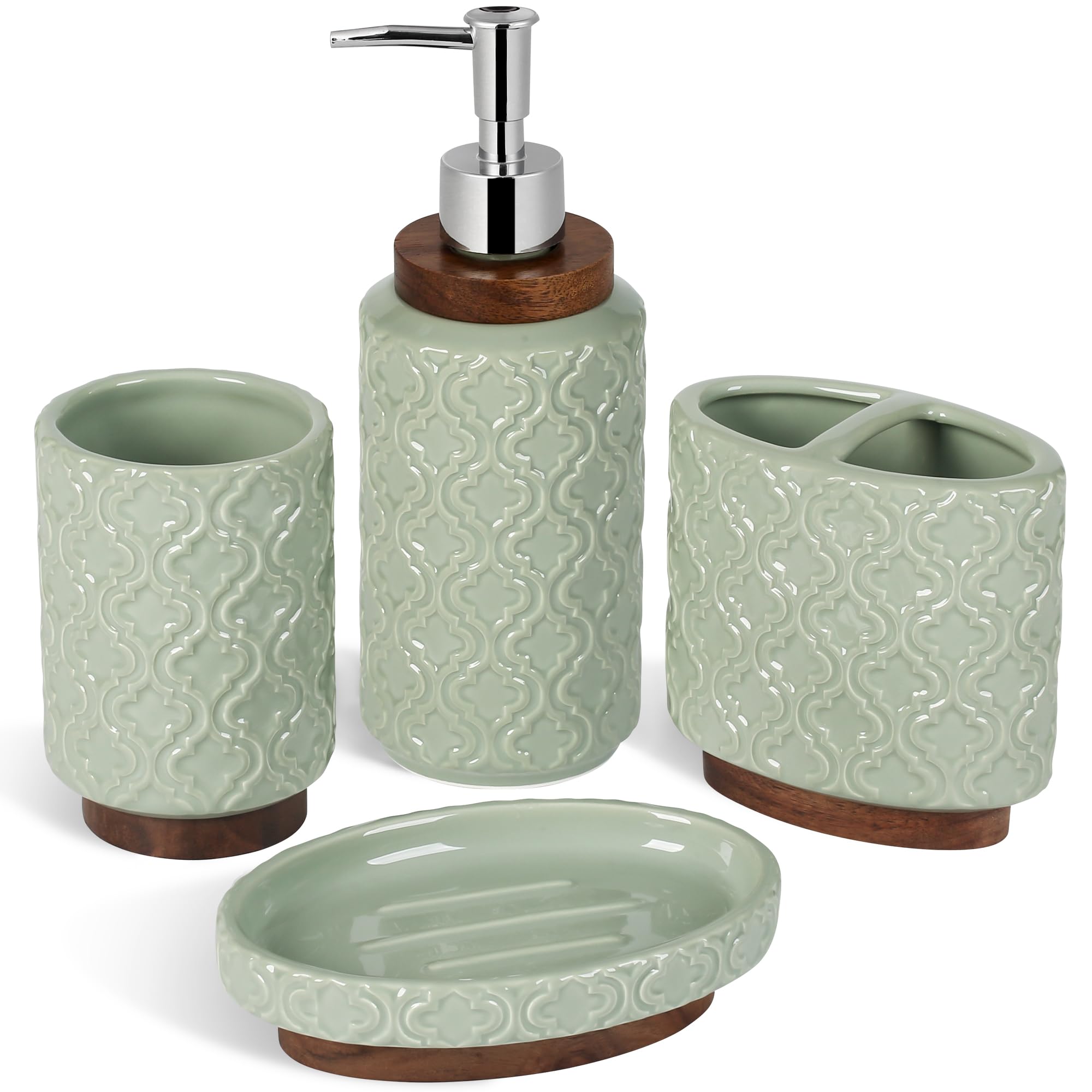 RQYIXI Elegant 4 PCS Ceramic&Wood Bathroom Accessories Set:Soap Dispenser,Toothbrush Holder,Tumbler,Soap Dish,Easy to Clean,Quatrefoil Pattern,Green-Affordable Luxury for Home Decor Enthusiasts