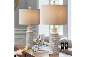 BOBOMOMO 3-Way Dimmable Touch Control Table Lamp Set of 2 with Dual USB Charging Ports for Bedroom Living Room Vintage Rustic Farmhouse Traditional Nightstand Bedside Lamps(Bulbs Included)