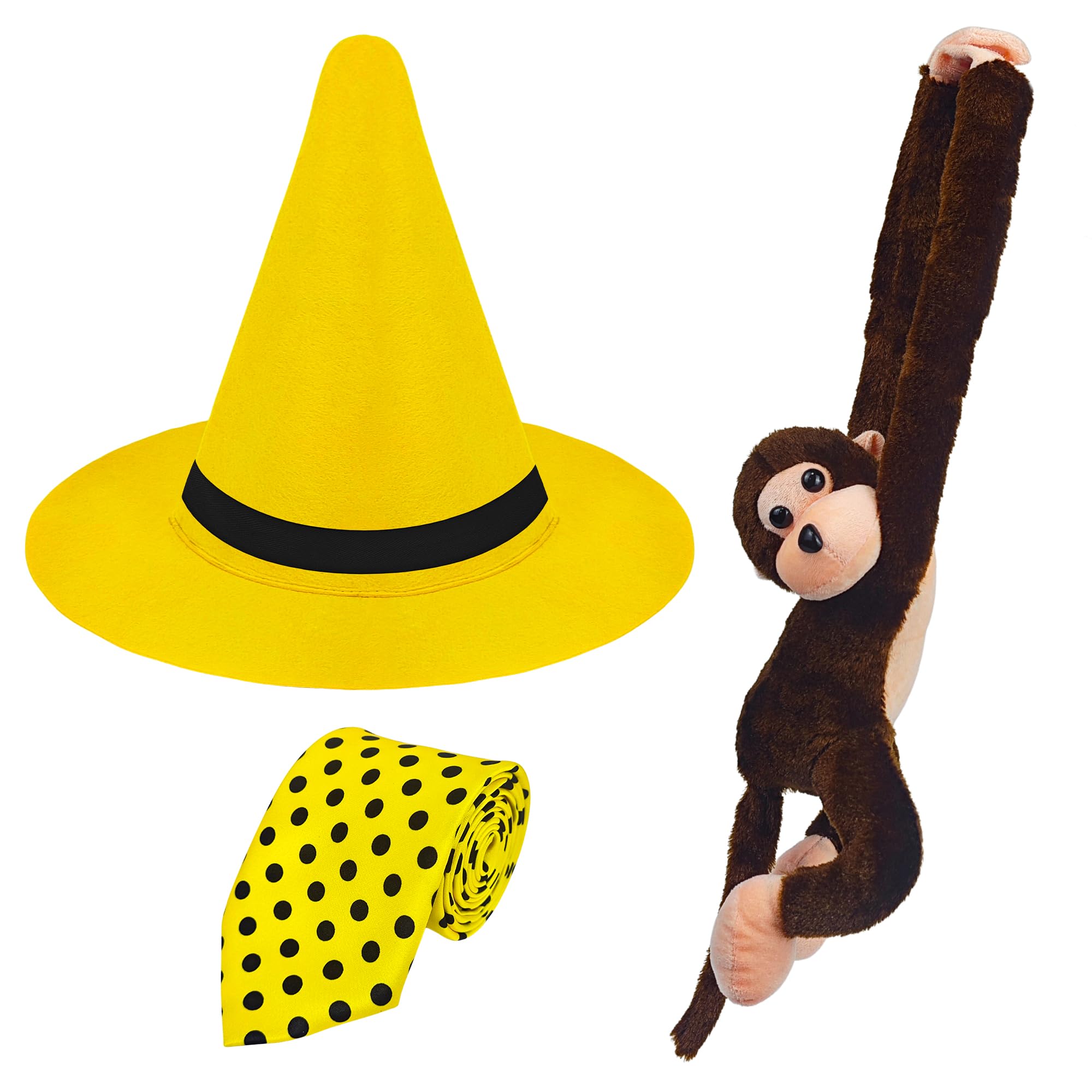 Ueyben Man in the Yellow Hat Costume, World Book Day Costume Yellow Hat with Polka Dot Tie Stuffed Monkey for Men Women for School Reading Party Character Dress Up Halloween Cosplay