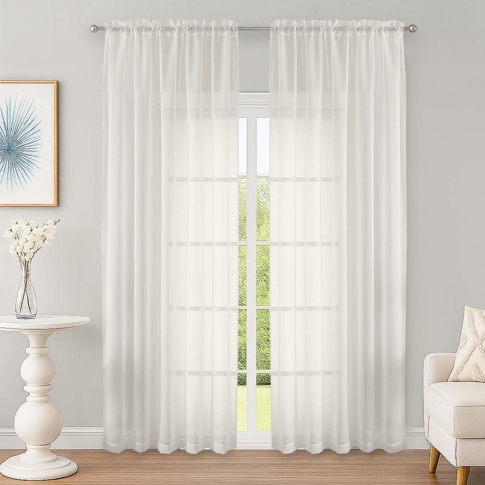 Photo 1 of OWENIE Ivory Sheer Curtain 90 Inches Long 2 Panels Set, Solid Filmy Drapes for Living Room Bedroom, Elegant Window Voile Sheer Curtain Panels Drapes, 2 Pcs, Each 59W x 90L Inch