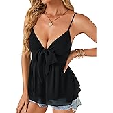 LYANER Women's Sexy Deep V Neck Spaghetti Strap Tie Front Sleeveless Peplum Cami Top