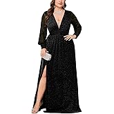 TIARALY Plus Size Sparkly Formal Maxi Dress Long Sleeve Deep V-Neck Mesh Dresses with Slit Cocktail Wedding Evening Gown