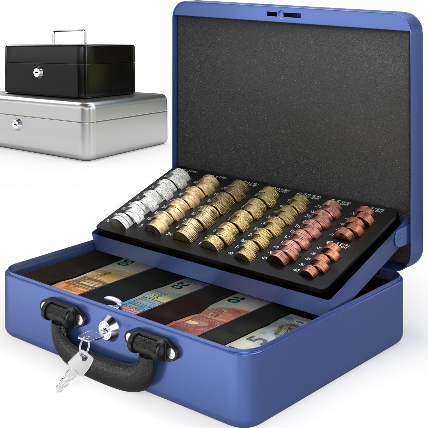 ACROPAQ Cash Box - Lockable, with Coin Counting Board, Large, 30 x 24.5 x 9 cm, with 2 Keys, Premium Housing - Cash Cash, Household Cash, Blue
