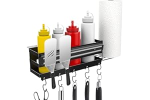 RUSFOL 3-in-1 Stainless Steel Griddle Caddy with Magnetic BBQ Utensil Strip and Paper Towel Holder for 28"/36" Blackstone Griddles,Space Saving BBQ Accessories Storage Box,Easy install&Free from Drill