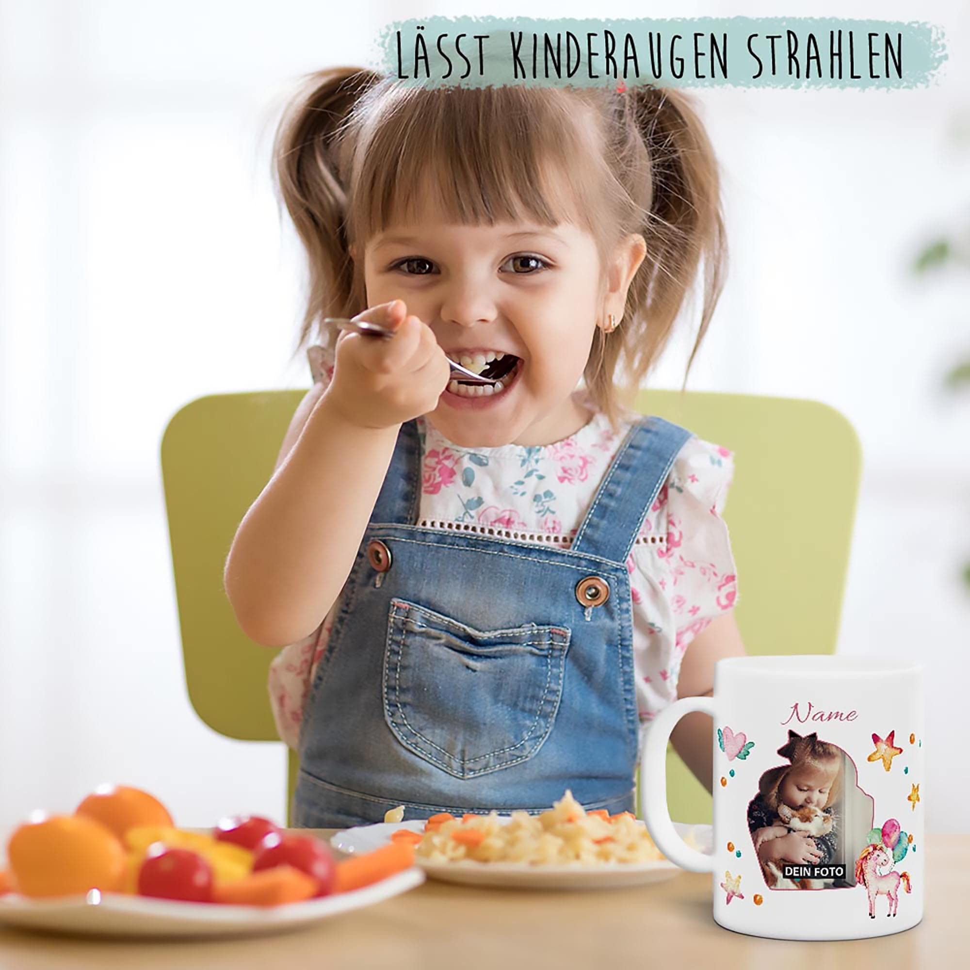 Kinder-Tasse mit Tiermotiv Einhorn - mit Foto & Name selbst gestalten - Für Mädchen & Jungen - BPA-freie Kunststoff-Tasse, 300 ml I Personalisiertes Geschenk für Kinder 2