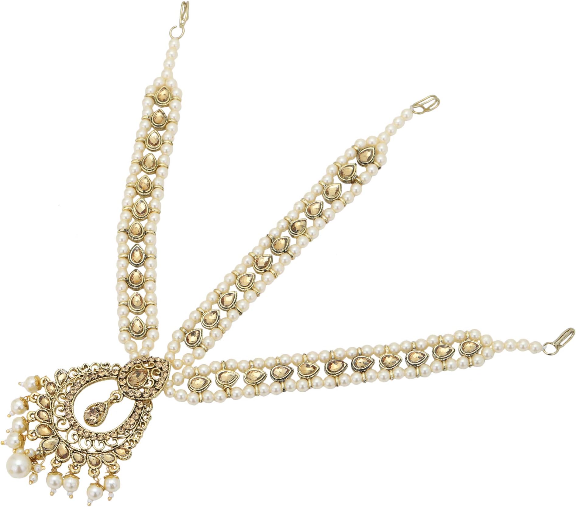 Indian Movie KALANK Style Kundan and Pearl Beaded Gold Plated Matha Patti with Kundan Pearl Drop Maang Tika Fashion Jewelry