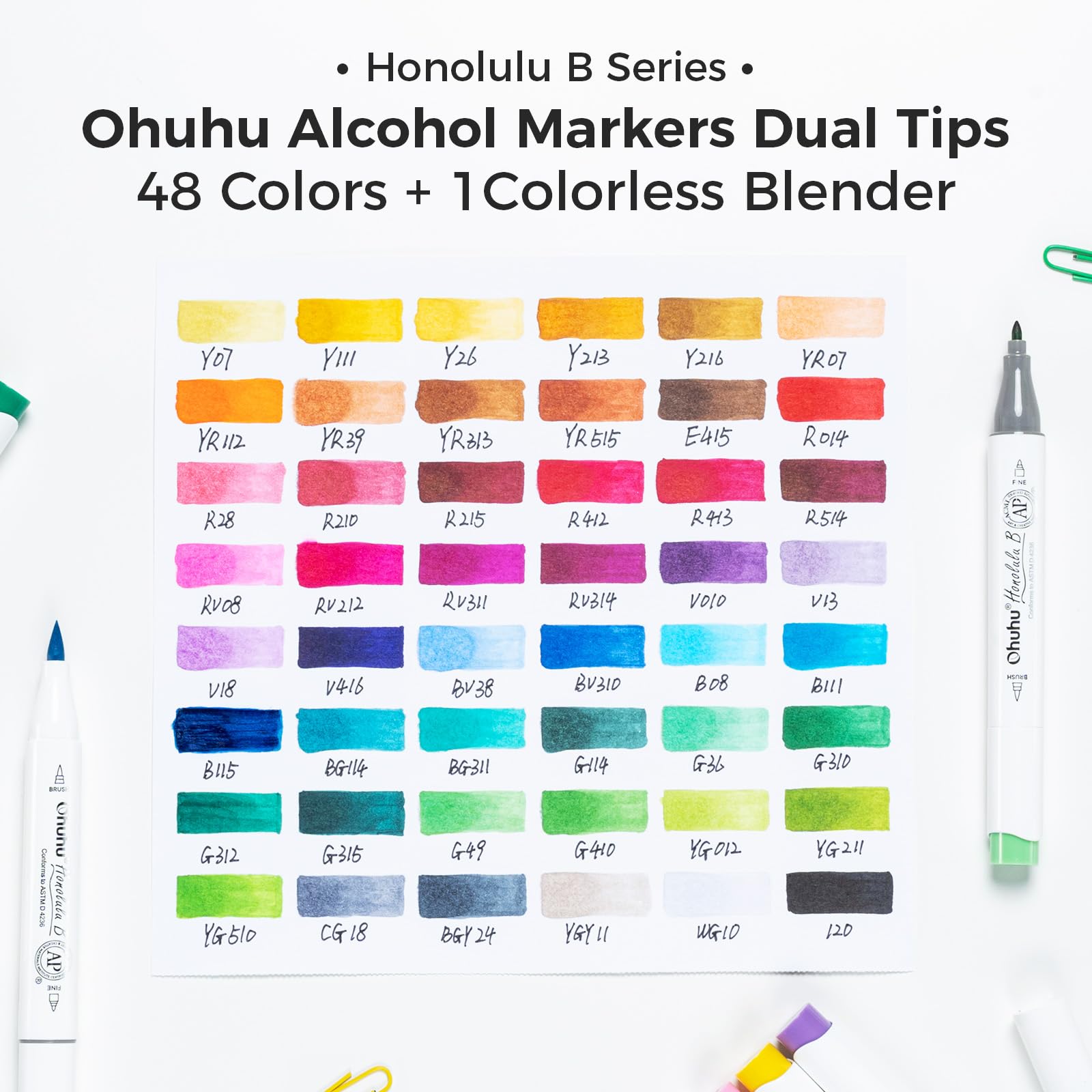 Ohuhu Alcohol Markers Brush and Fine Tip - 48-Color Alcohol-based Art Sketch Marker Set for Artist Adults Coloring Illustration - Brush and Fine Dual Tips- Honolulu B - Refillable - AP Certificated