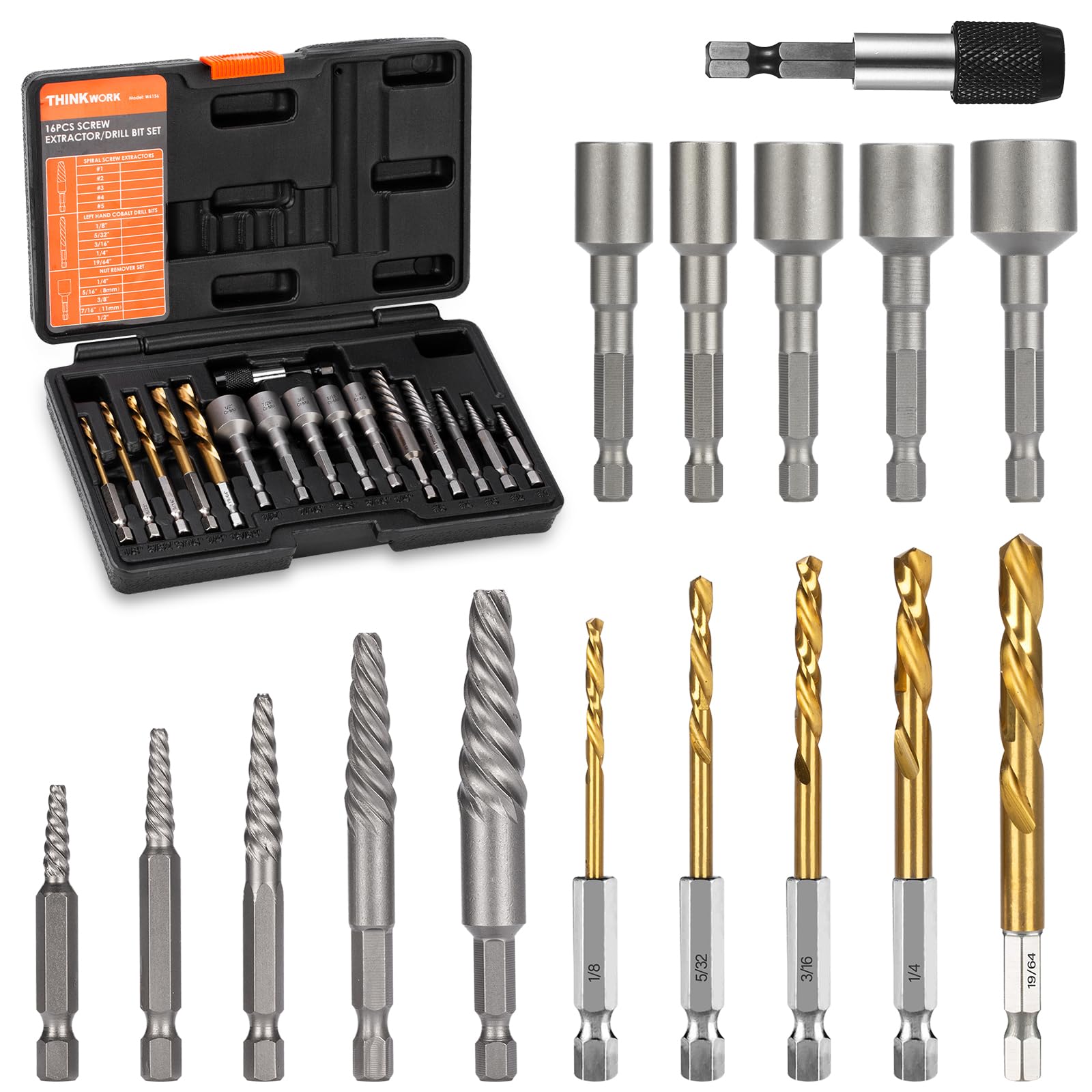 THINKWORK 16pcs Screw Extractor, Spiral Bolt