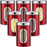 Zopeal 6 Pack Red Canisters Sets For Kitchen 50oz Stainless Steel Red Kitchen Canisters with Transparent Windows Flour Sugar Container Metal Jar Countertop Set for Coffee Tea Decorative